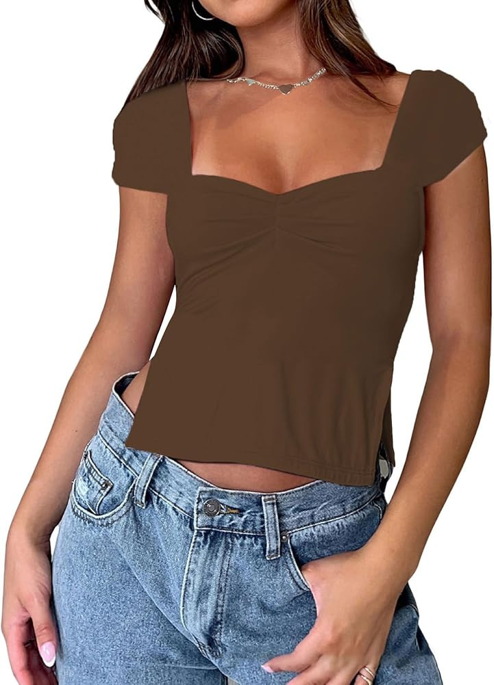 SOFIA'S CHOICE Women's Square Neck Side Ruched Crop Top Short Sleeve Cropped Tee Shirt | Amazon (US)
