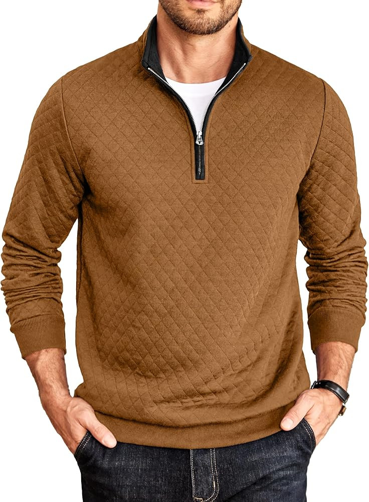 COOFANDY Mens Quarter Zip Pullover Mock Neck Quilted Sweatshirt Casual Long Sleeve Polo Sweater | Amazon (US)
