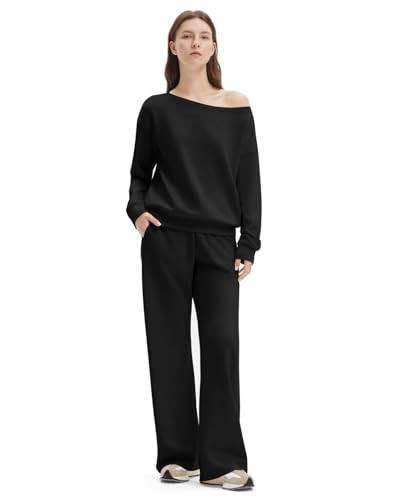 SUUKSESS Women 2 Piece Lounge Matching Sets Off Shoulder Oversized Sweatshirts Wide Leg Sweatpants (Black, L) | Amazon (US)