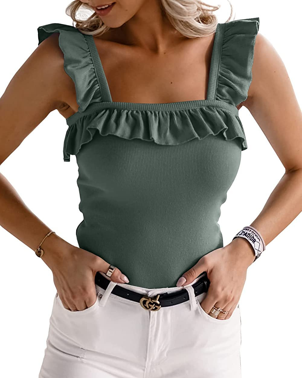 WAYMAKER Women's Cute Square Neck Sleeveless Ribbed Ruffle Strap Tank Top Bodysuits | Amazon (US)