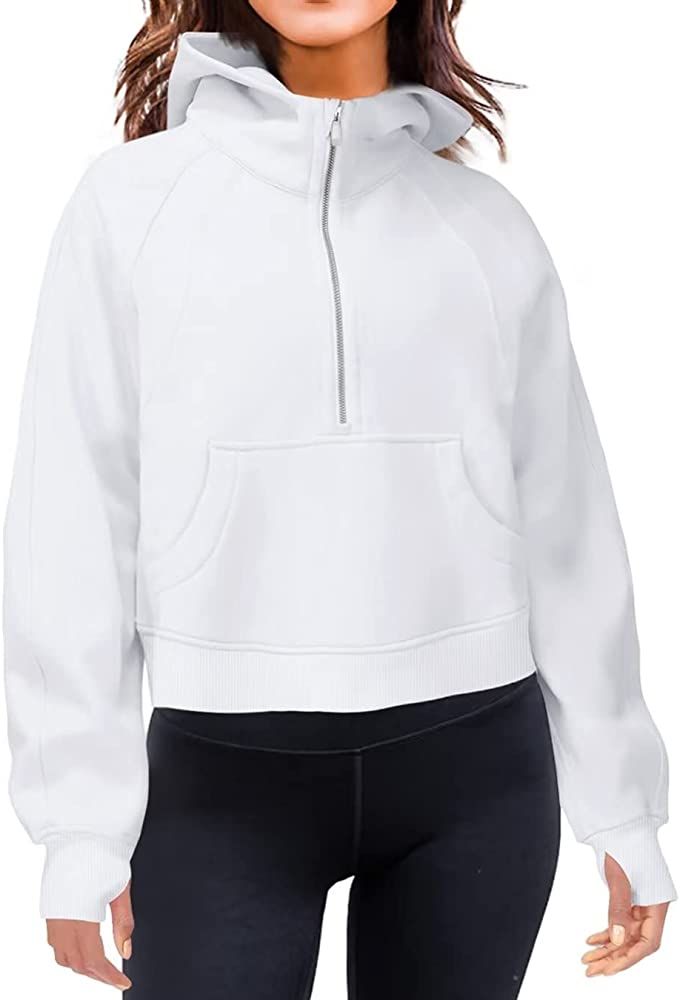 BONITEE Women's Fleece Lined Collar Cropped Hoodie Long Sleeve Half Zip Pullover Loose Fit Workou... | Amazon (US)