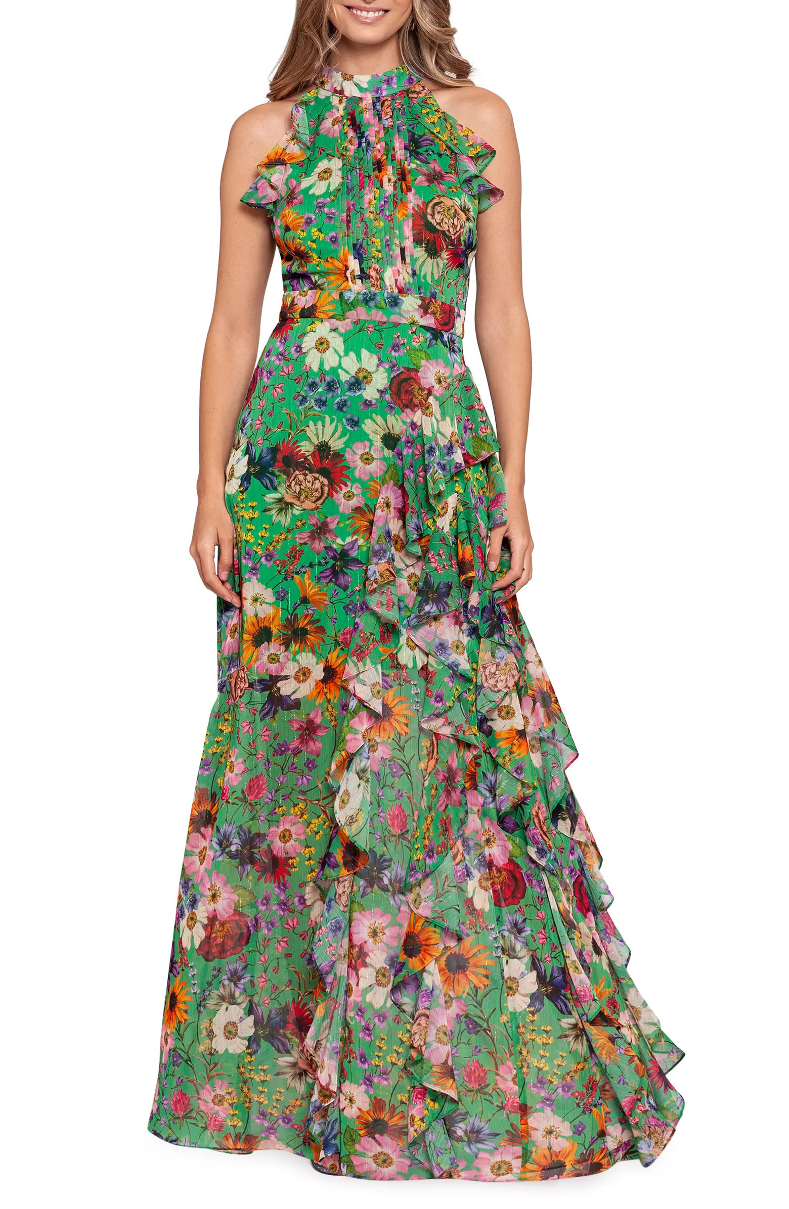 Betsy & Adam Floral Print Ruffle Chiffon Gown | Nordstrom | Nordstrom
