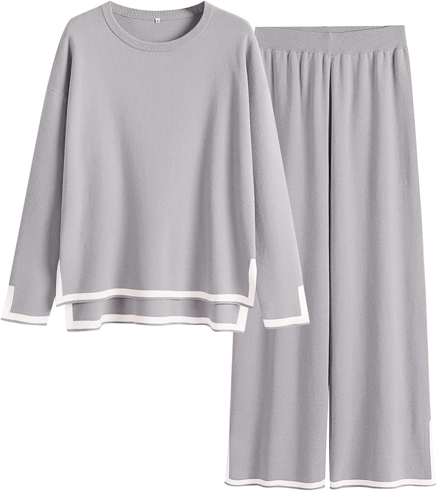 ANRABESS Women's 2 Piece Outfits Long Sleeve Knit Sweater Top Wide Leg Pants Casual Lounge Sets T... | Amazon (US)