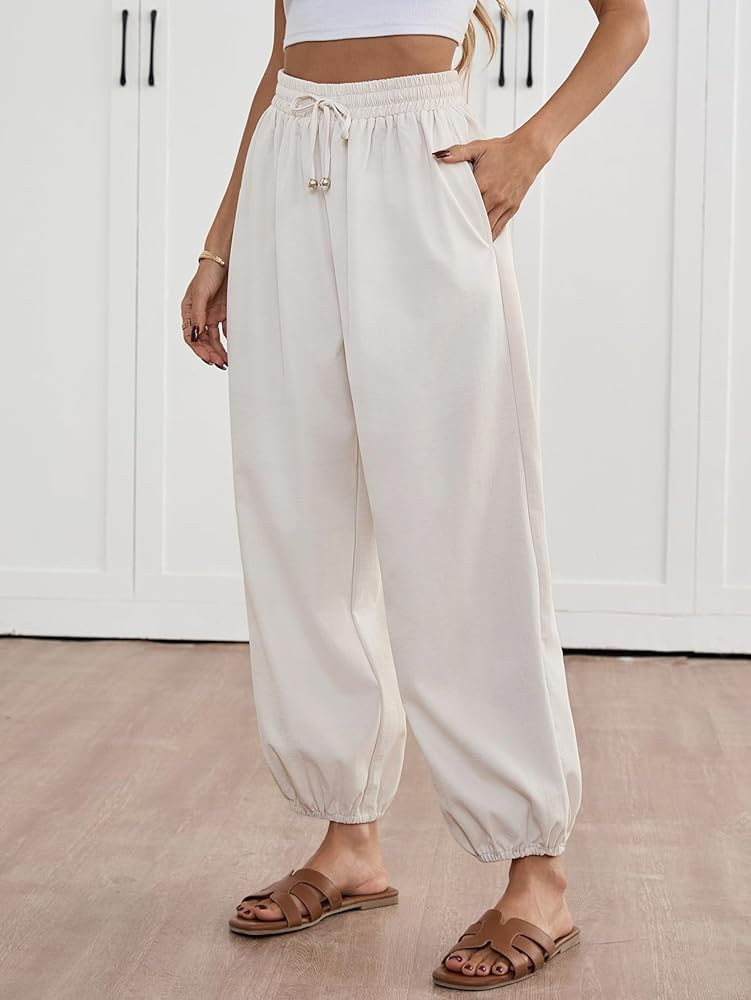 Womens Harem Pants Elastic Waist Wide Leg Palazzo Pant High Waisted Drawstring Balloon Trouser Pa... | Amazon (US)