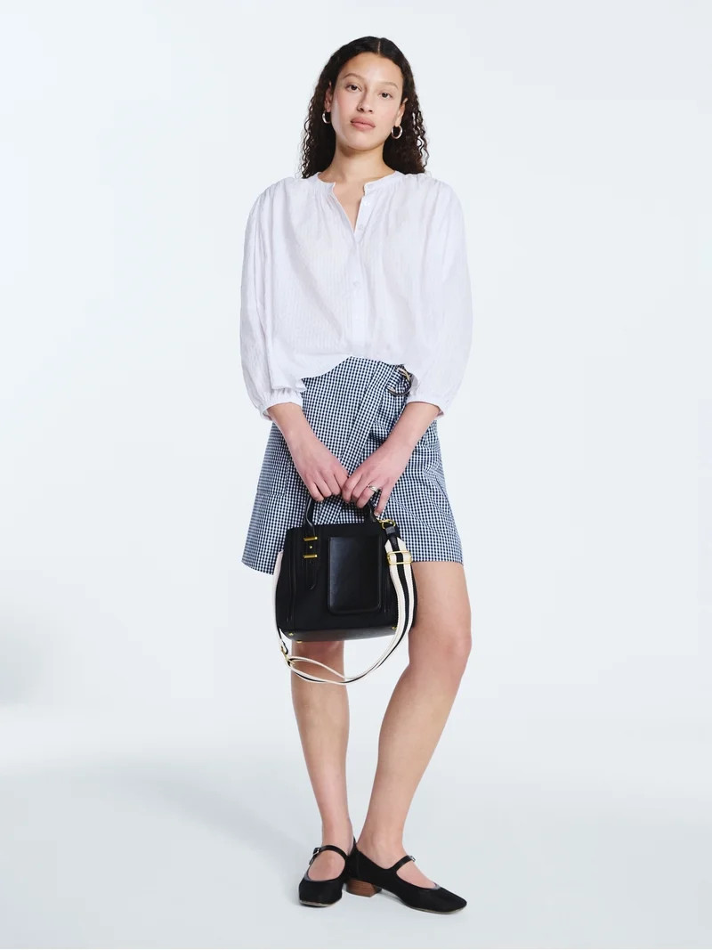 Free Assembly Women's Shirred Cotton Button Down Blouse with Long Sleeves, Sizes XS-XXL | Walmart (US)