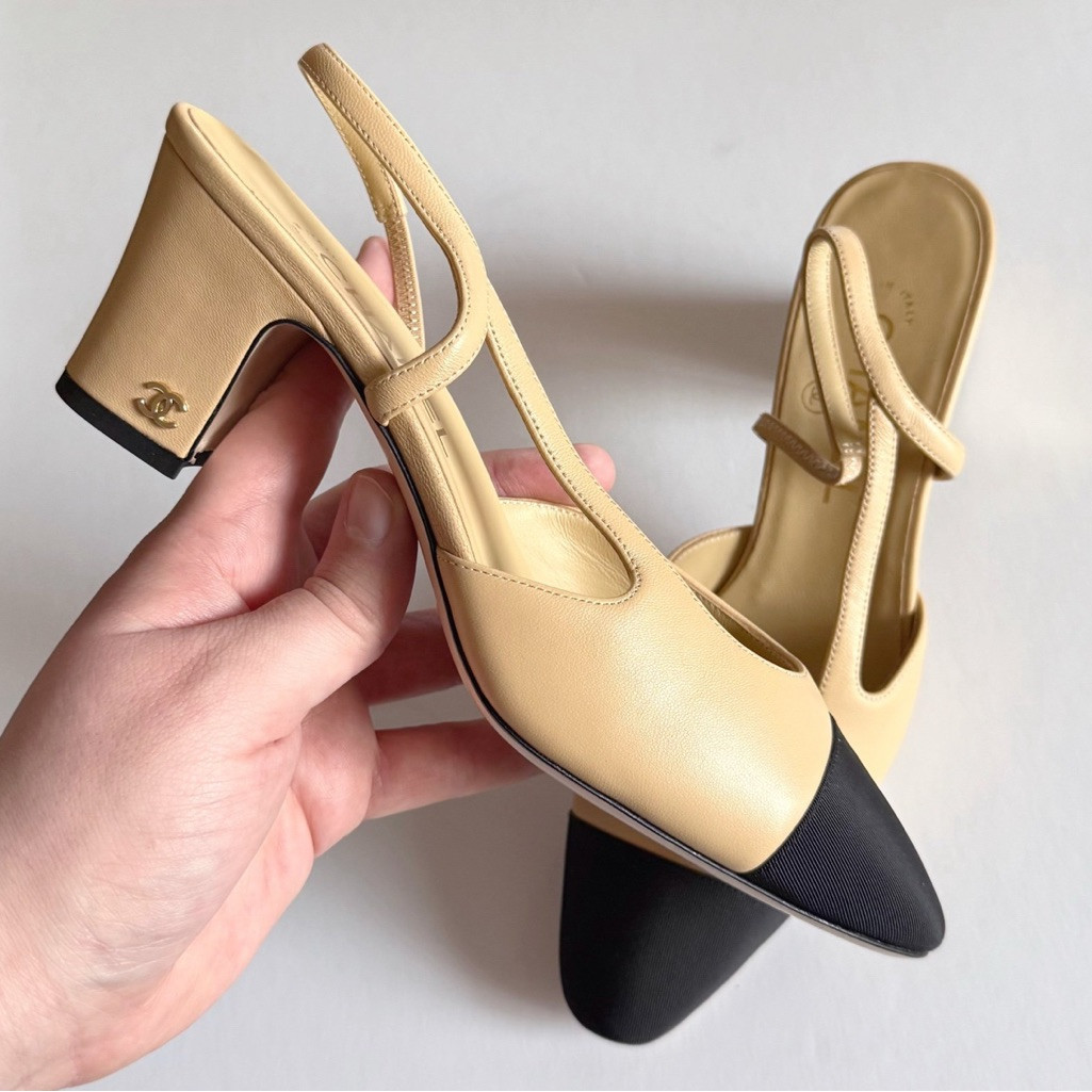 Chanel 2025 Classic Beige / Black Goatskin And Grosgrain Cc Slingbacks | Poshmark