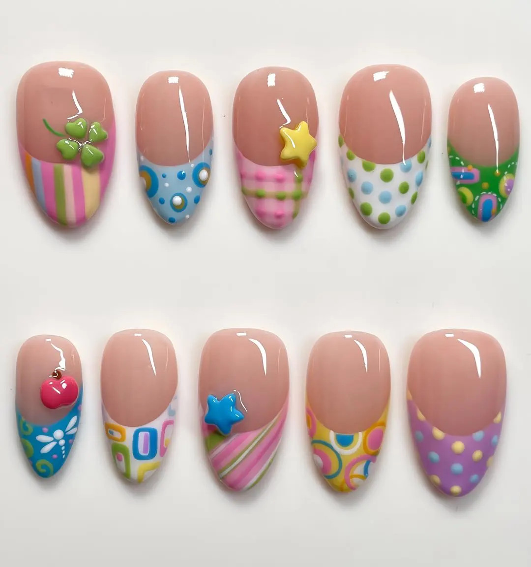 Y2K French Tip Polka Dot Press On Nails, Cute Colorful Pastel Nail Set with 3D Stars & Hearts, Fu... | Etsy (US)