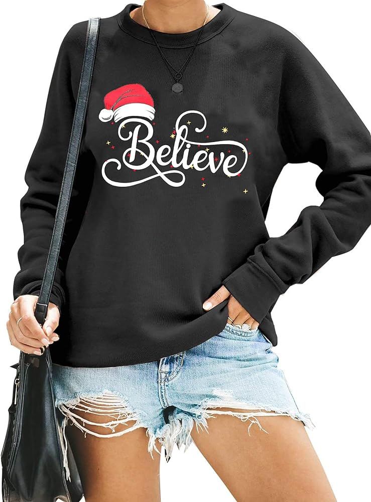 Believe Sweatshirt Women Christmas Funny Graphic Lightweight Blouse Xmas Hat Holiday Cute Tee Top... | Amazon (US)