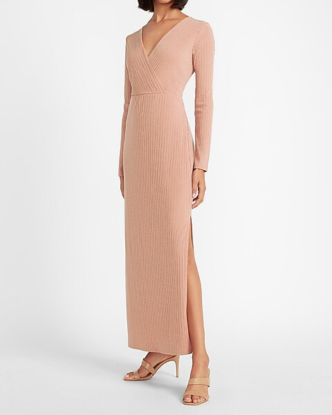 Ribbed Wrap Front Long Sleeve Maxi Dress | Express