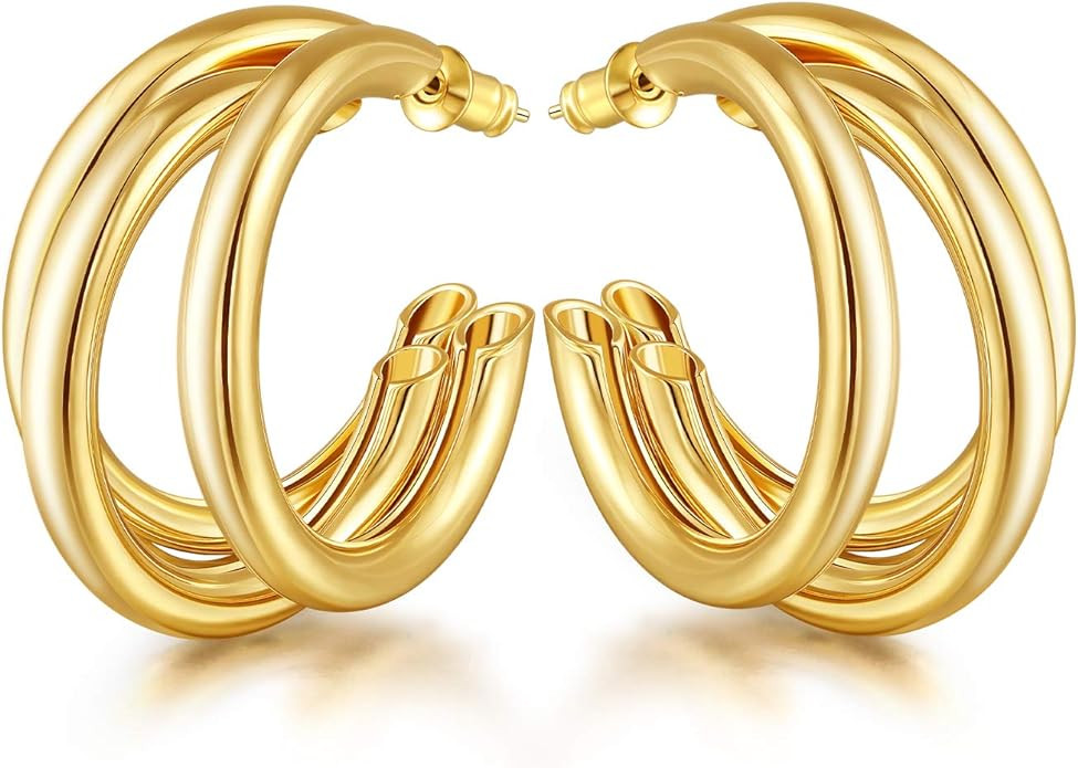 EASYSO 14K Gold Plated Hoop Earrings, Lightweight Chunky Open Hoops Hypoallergenic Earrings for W... | Amazon (US)