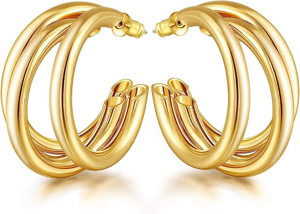EASYSO 14K Gold Plated Hoop Earrings, Lightweight Chunky Open Hoops Hypoallergenic Earrings for W... | Amazon (US)