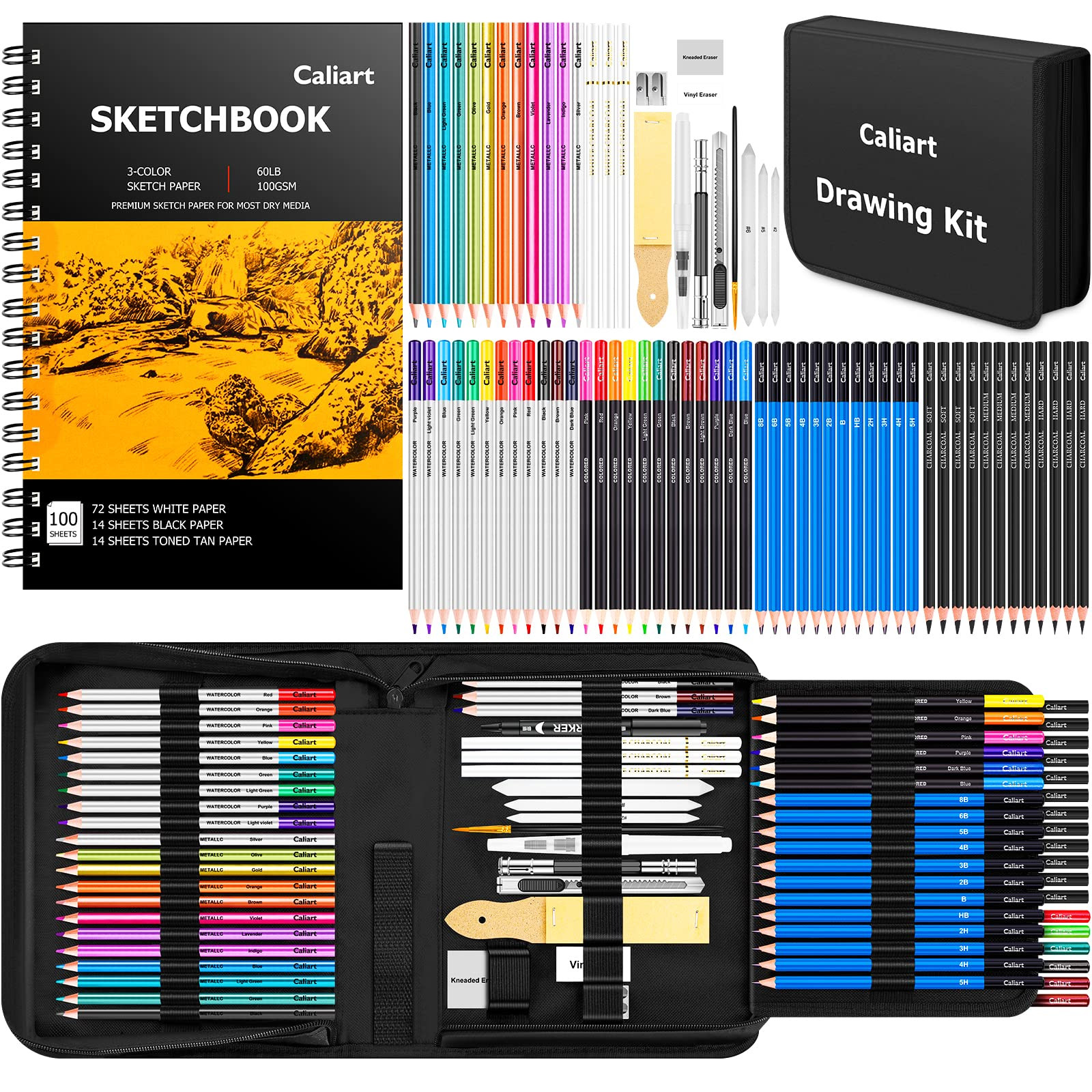 Caliart 176PCS Art Supplies Sketching Kit with 100 Sheets 3-Color Sketch Book, Graphite Colored C... | Amazon (US)
