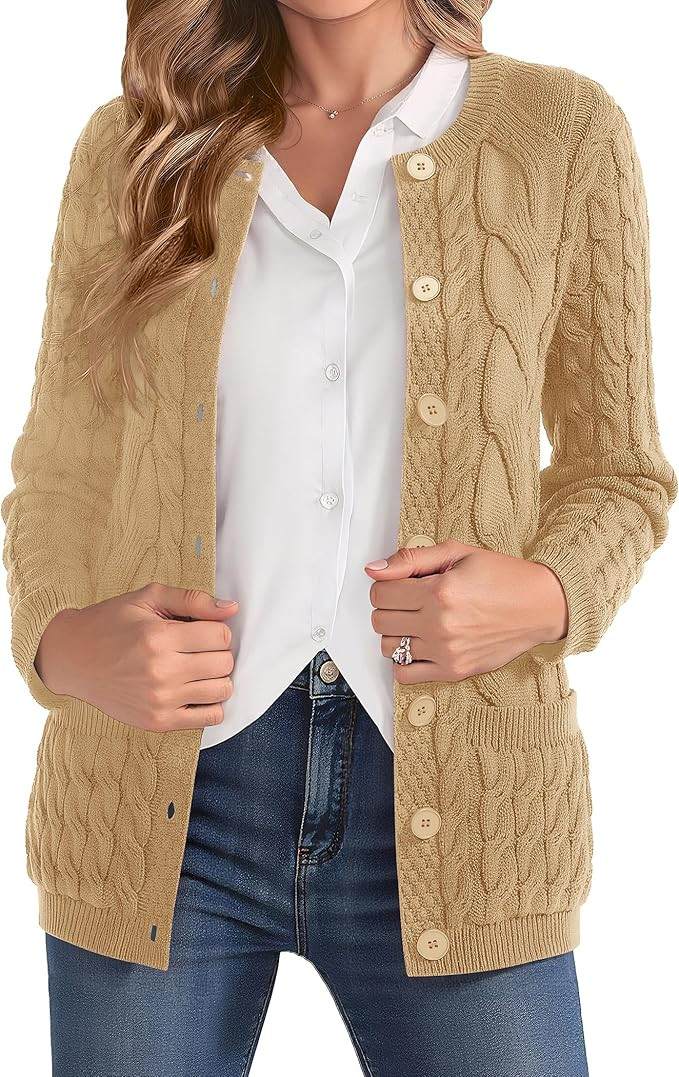 VIISHOW Women Cable Knit Cardigan Sweater Crew Neck Button up Cardigan with Pocket Sweater Coat f... | Amazon (US)