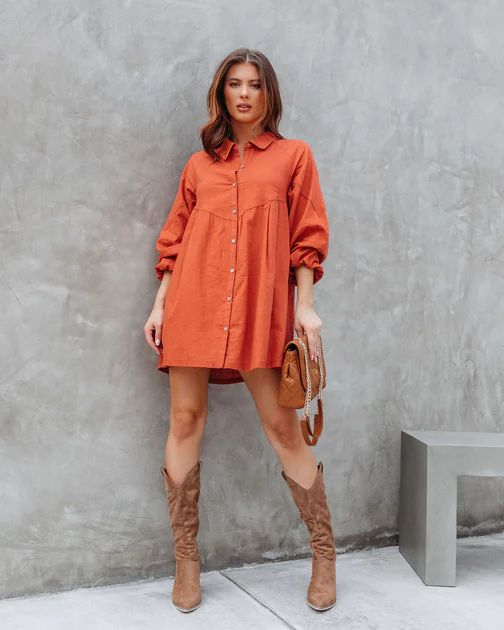 Little Bit Of Spice Pocketed Button Down Shirt Dress - Rust -  FLASH SALE | VICI Collection