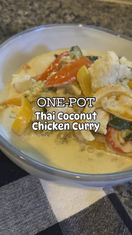 I LOVE this Thai Coconut Chicken Curry. It’s definitely become a staple for me. See the recipe below! 

- 1 lb chicken, cut into 1” pieces 
- 1 TB oil or coconut oil 
- 2 zucchinis, chopped
- 2 bell peppers, sliced 
-1/2 onion, chopped 
- green onions, chopped 
- 1 tsp minced garlic 
- 1 tsp grated ginger 
- 1 can full-fat coconut milk 
- 1-2 TB red Thai curry paste 

What a skillet over medium, add oil and chicken. Season with salt and pepper and cook through. Remove chicken. Add zucchini, bell peppers, onion, and green onion and cook through. Add ginger and garlic and cook for 30 seconds. Return chicken to skillet and add coconut milk and curry paste. Cook 1-2 min until heated through. Serve with cauliflower rice or regular rice. You can also garnish it with red pepper flakes, cilantro, or lime wedges! 

#LTKfindsunder50 #LTKhome #LTKsalealert