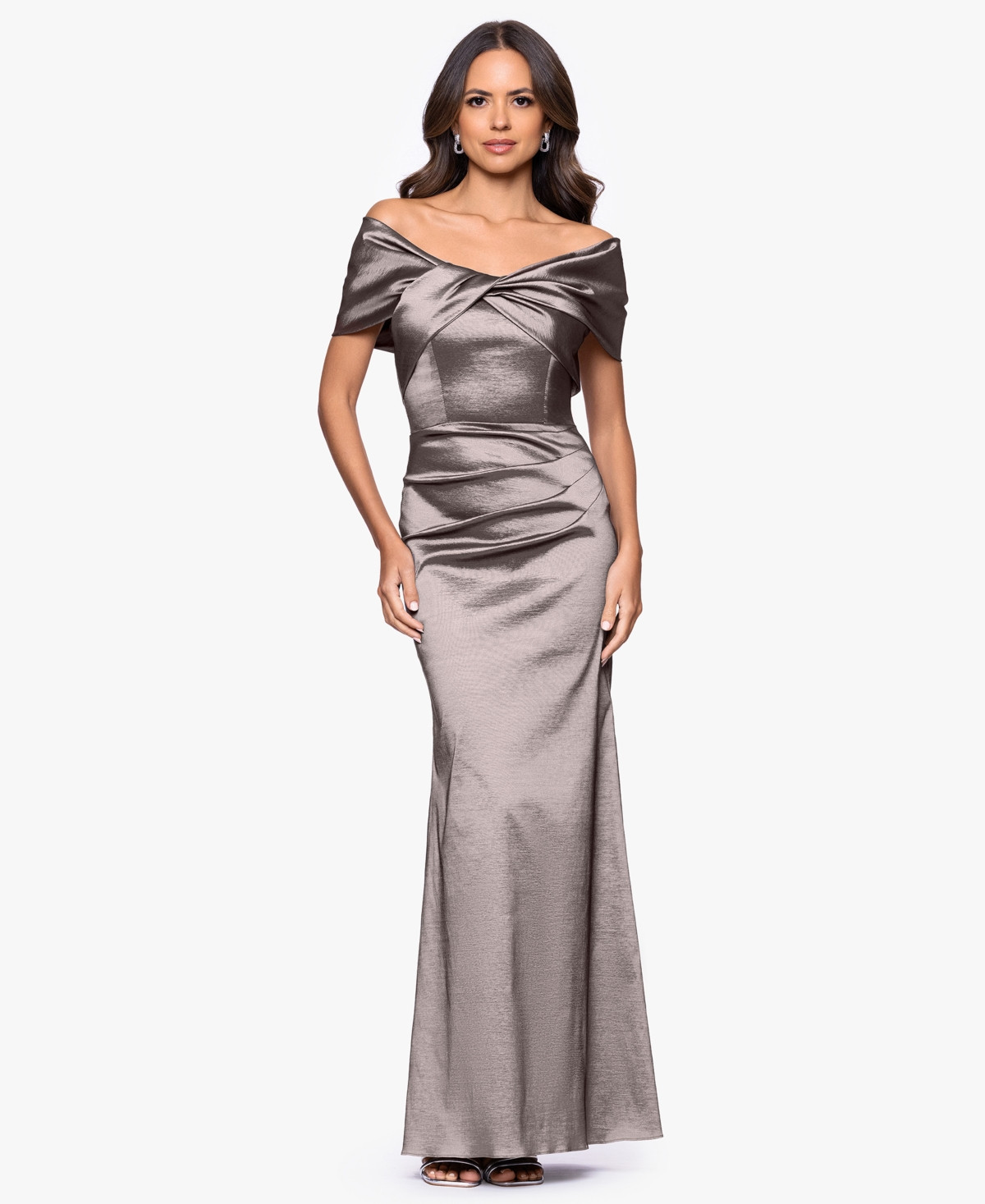Betsy & Adam Women's Off-The-Shoulder Ruched Long Gown - Mocha | Macy's