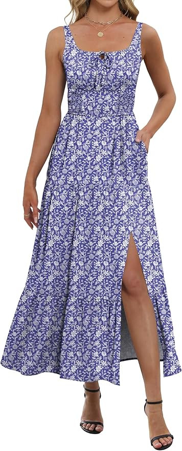 ANRABESS Women Summer Maxi Dress 2025 Square Neck Sleeveless Casual Boho Floral High Waist Slit T... | Amazon (US)