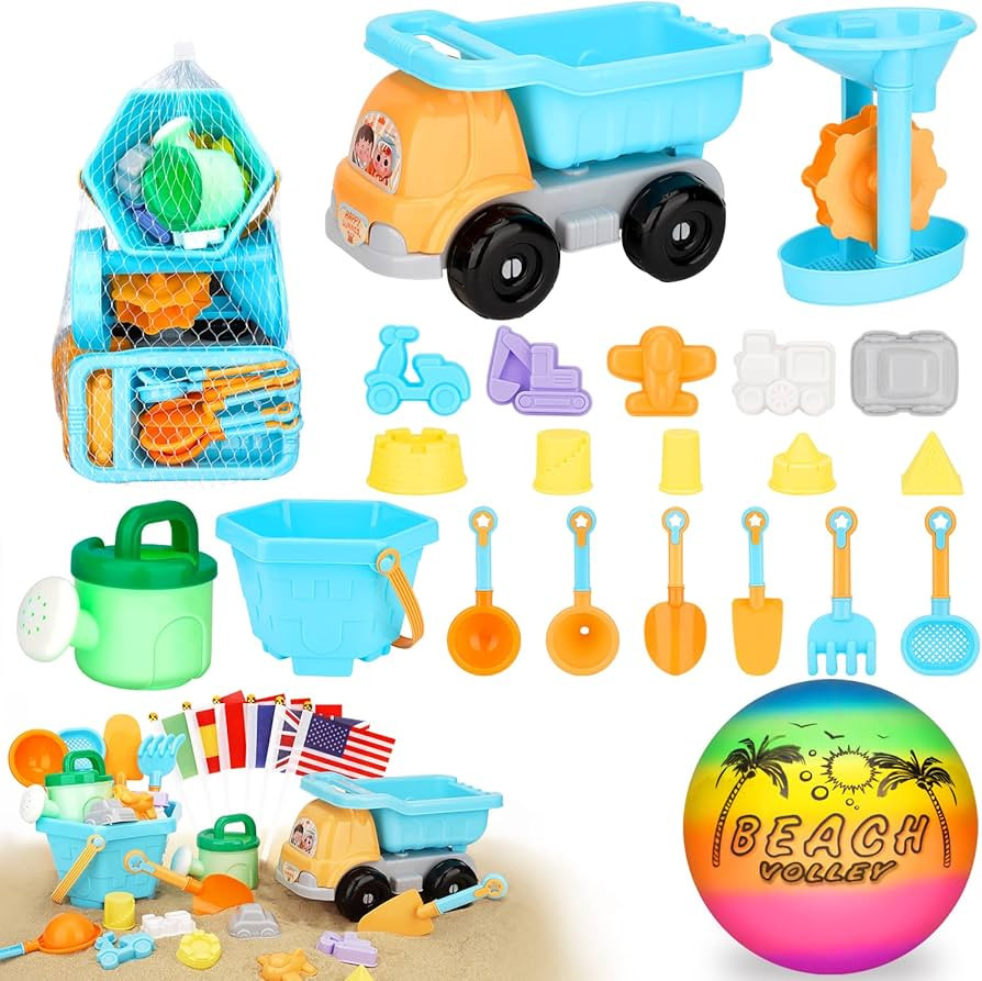 AstarX Sand Toys,30 Pcs Beach Toys for Kids,Beach Ball,Truck,Molds,Beach Tools,Mini Flags,Mesh Ba... | Amazon (US)