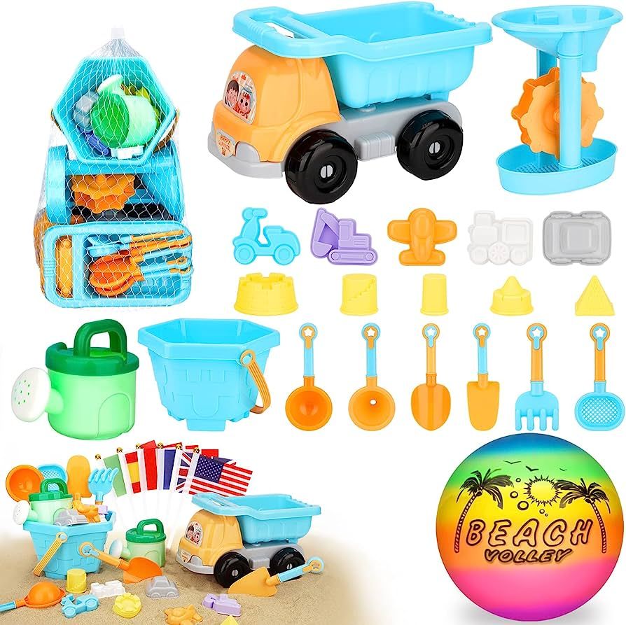 AstarX Sand Toys,30 Pcs Beach Toys for Kids,Beach Ball,Truck,Molds,Beach Tools,Mini Flags,Mesh Ba... | Amazon (US)