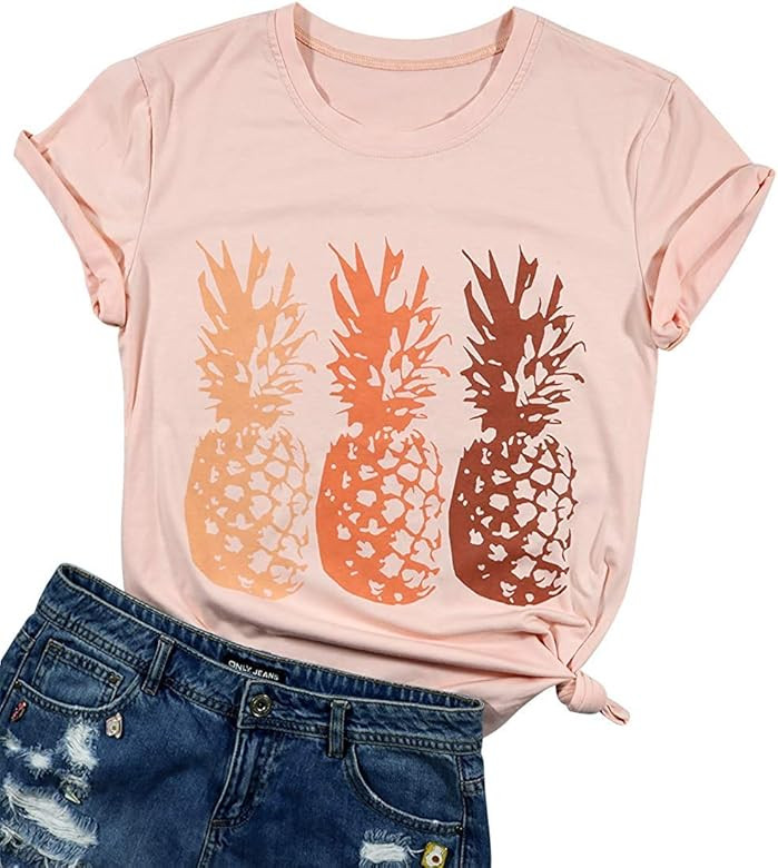 Women Pineapple Funny Print Casual Loose Summer T Shirt Lady Teen Girls Tee Top | Amazon (US)