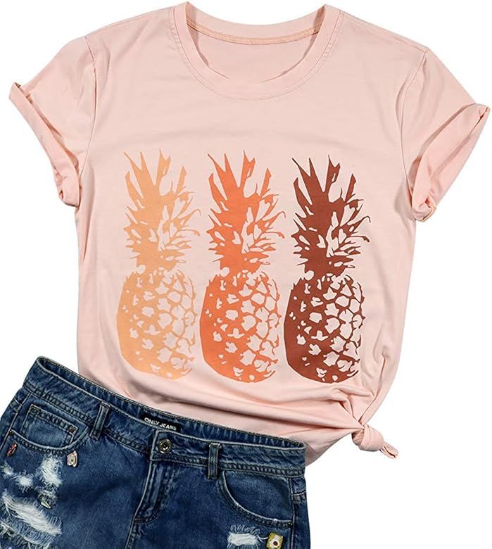 Women Pineapple Funny Print Casual Loose Summer T Shirt Lady Teen Girls Tee Top | Amazon (US)