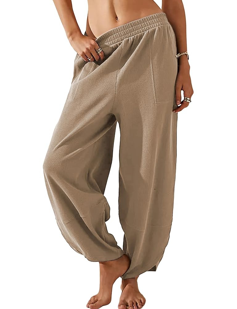 Himosyber Women Cotton Pants Wide Leg Pants Casual Loose Baggy Elastic Waist Beach Palazzo Harem ... | Amazon (US)