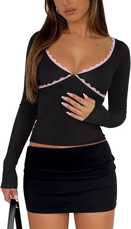 REORIA Sexy Lace Long Sleeve Shirts for Women V Neck Slim Fitted Y2K Trendy Fall Going Out Tops C... | Amazon (US)