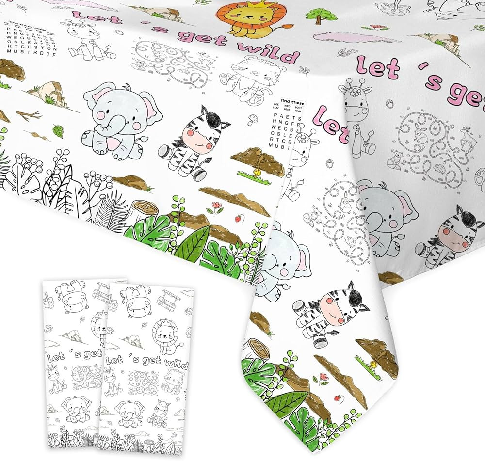 Avezano 2 Pack Safari Jungle Theme Coloring Paper Tablecloth Let's Get Wild Animals Disposable Ta... | Amazon (US)