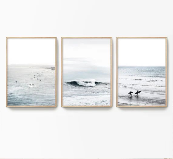 California Beach Surf Wall Prints Blue Coastal Set Surfer Waves Poster Giclee Beach Poster Surfin... | Etsy (US)