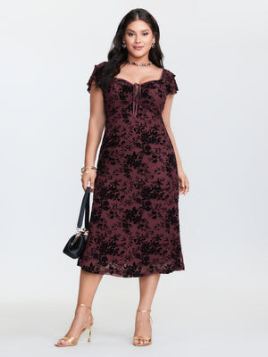 Floral Flocked Mesh Ruched Drawstring Midi Dress | Bloomchic