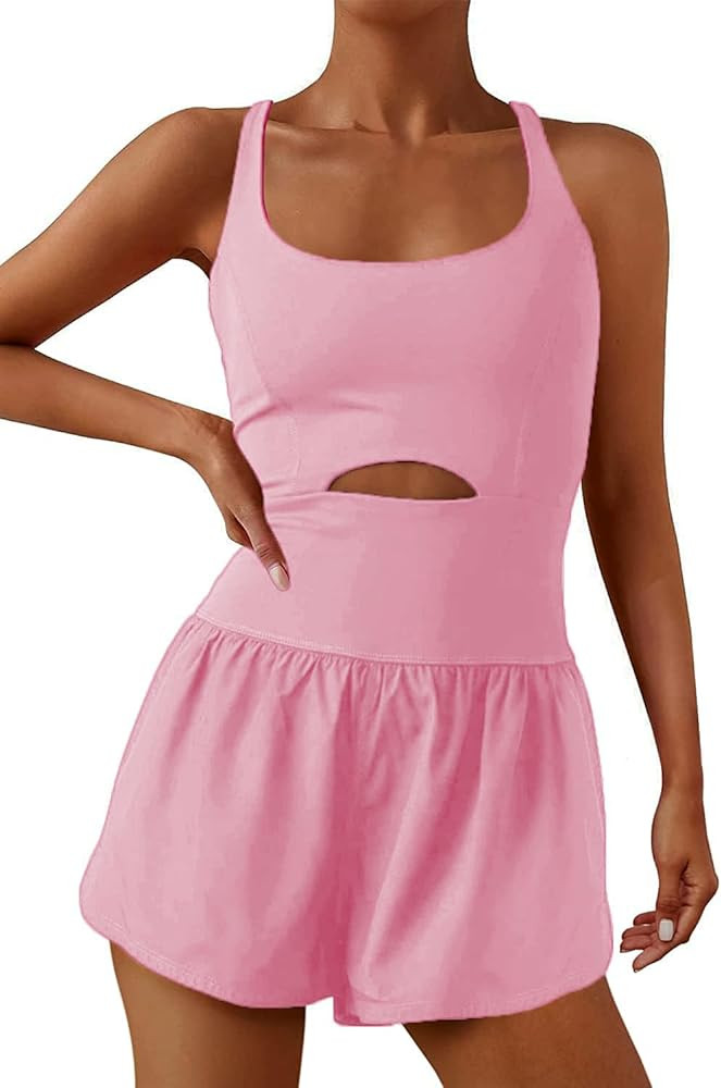 Womens Workout Athletic Romper One Piece Exercise Jumpsuit Shorts Gym Clothes Outfits With Back Z... | Amazon (US)