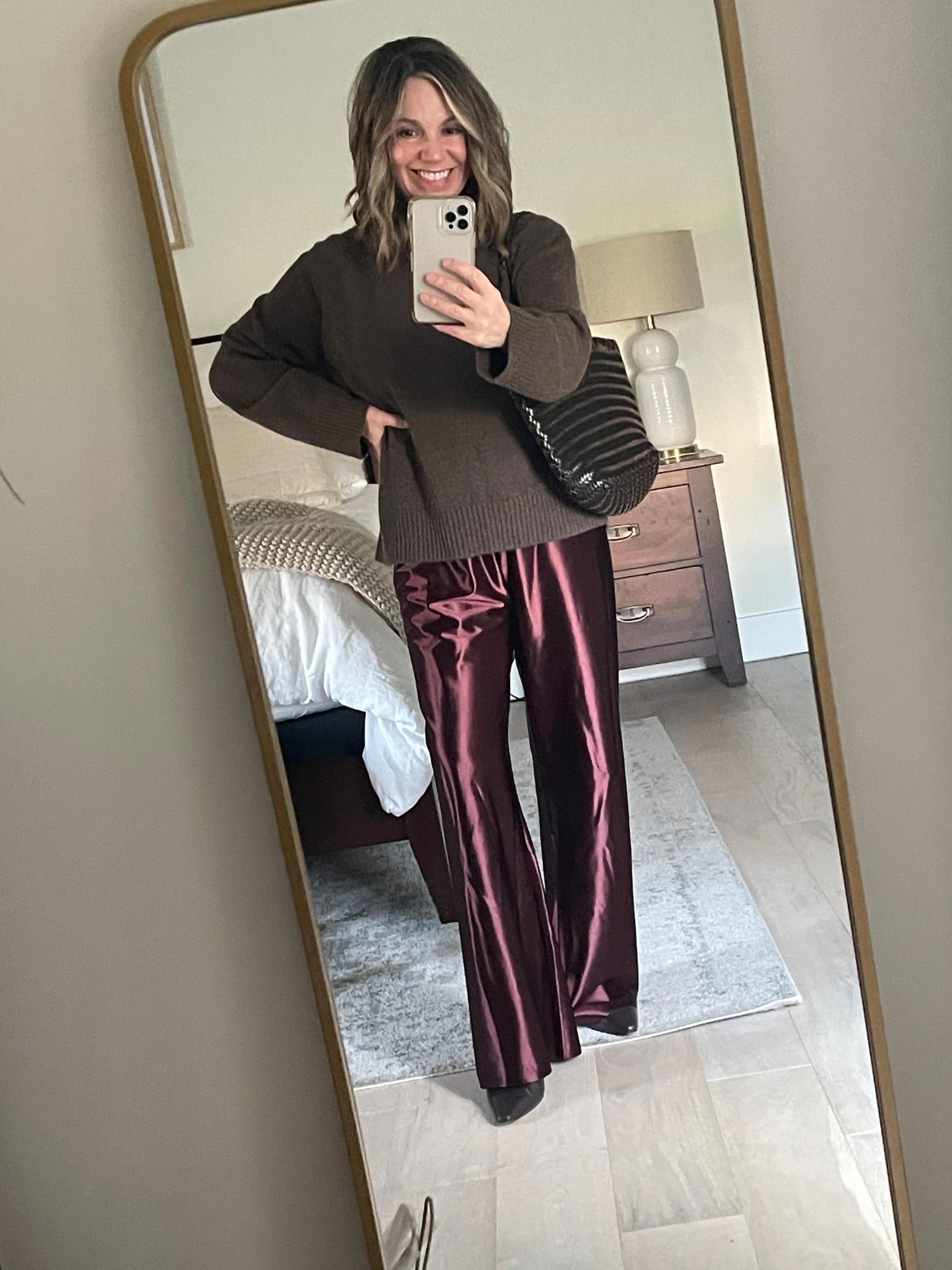 Favorite cashmere sweater + satin pants 🌟. Styled for dinner out, could easily be dressed up for a more festive look. 
#ltkover50 #petite

For ref:
Quince sweater - xs
Satin pants - xs (fits oversized)
Boots - JCrew (wearing leather, could only link suede version for some reason)
Bag - Etsy 

#LTKOver40 #LTKFindsUnder100 #LTKPetite
