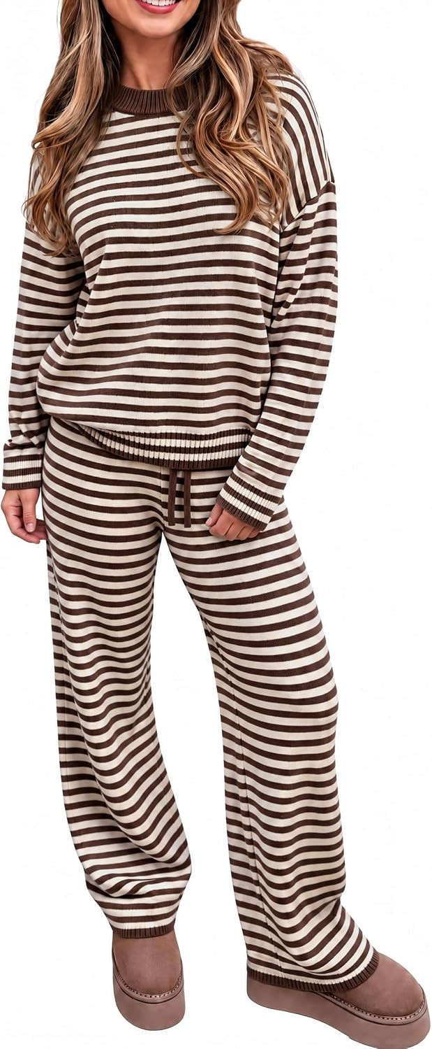 Tankaneo Womens Sweater Set 2 Piece Striped Set Fall Oversized Lounge Sets | Amazon (US)