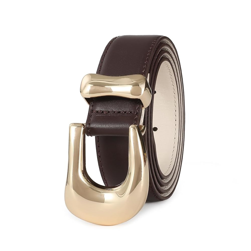 Genuine Leather Belt for Women Burgundy Leather With Gold Metal Buckle Luxury Casual Fashion Belt... | Amazon (US)