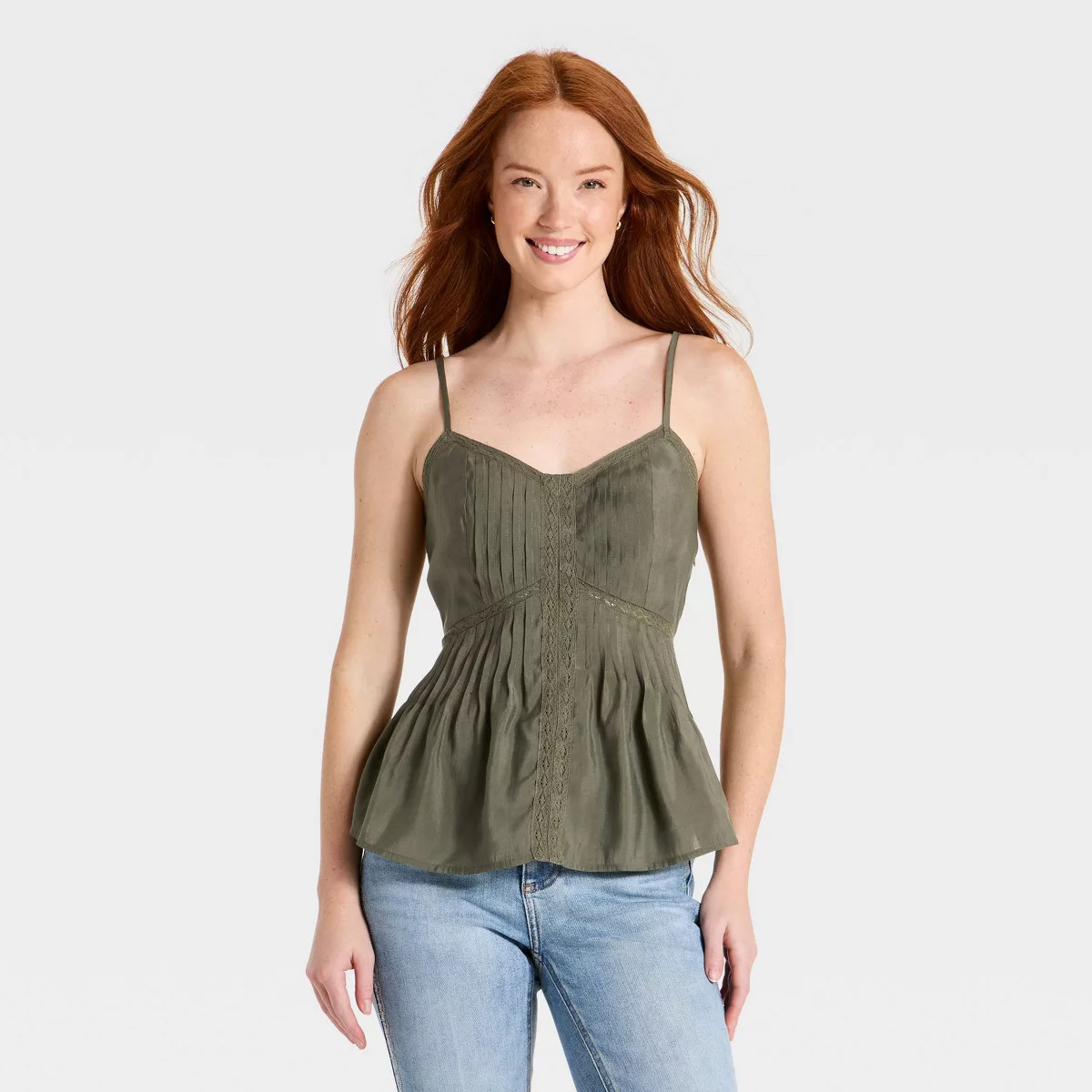 Women's Lace Trim Cotton Tank Top - Universal Thread\u2122 Olive Green XS | Target