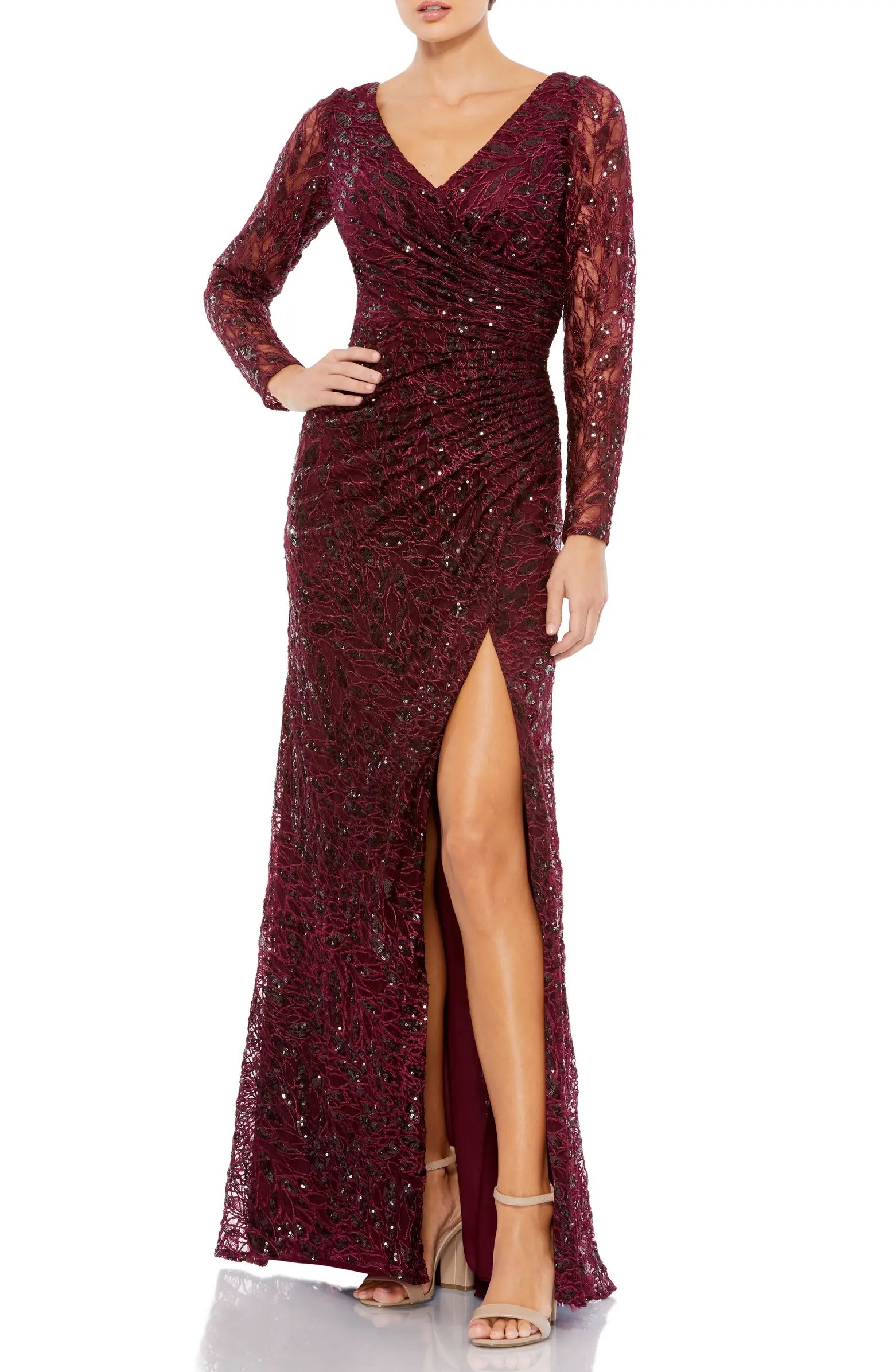 Mac Duggal Sequin Lace High Slit Long Sleeve Sheath Gown | Nordstrom | Nordstrom