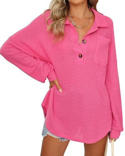 Women Waffle Knit Tops Henley Shirts Long Sleeve V Neck Solid Color Casual Tunic Pink | Amazon (US)