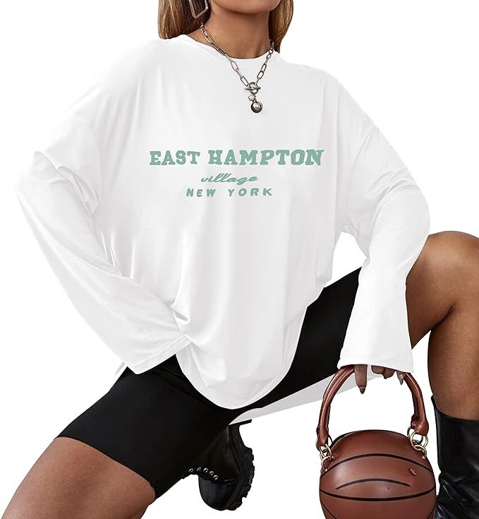Lauweion Women Drop Shoulder East Hampton Letter T-Shirt Long Sleeve Oversized Graphic Baggy Tren... | Amazon (US)