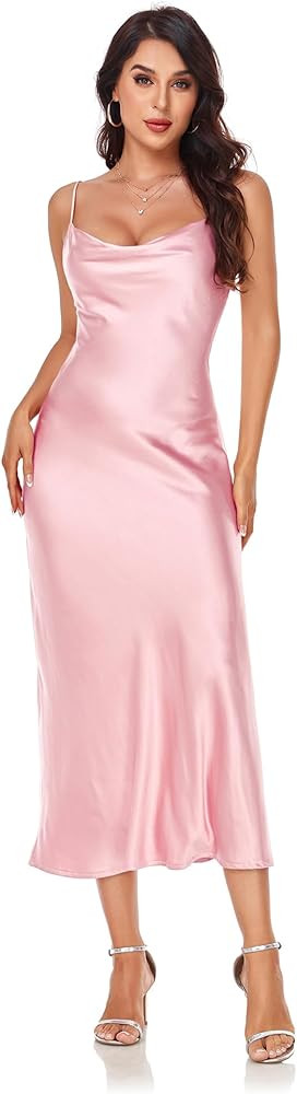 Women's Spaghetti Strap Midi Satin Silk Dresses Slip Cowl Neck Party Cocktail Evening Sexy Dress | Amazon (US)