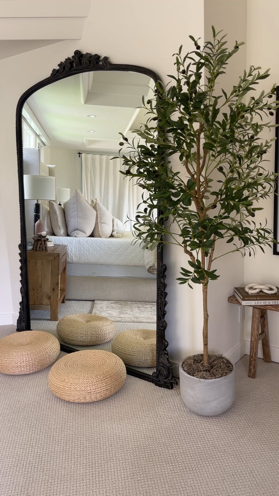 HOME \ bedroom styling! Floor mirror, poufs, faux olive tree, rustic bench and more!

Amazon 
Anthropologie 
Decor 
Family picture 

#LTKFindsUnder100 #LTKWatchNow #LTKHome