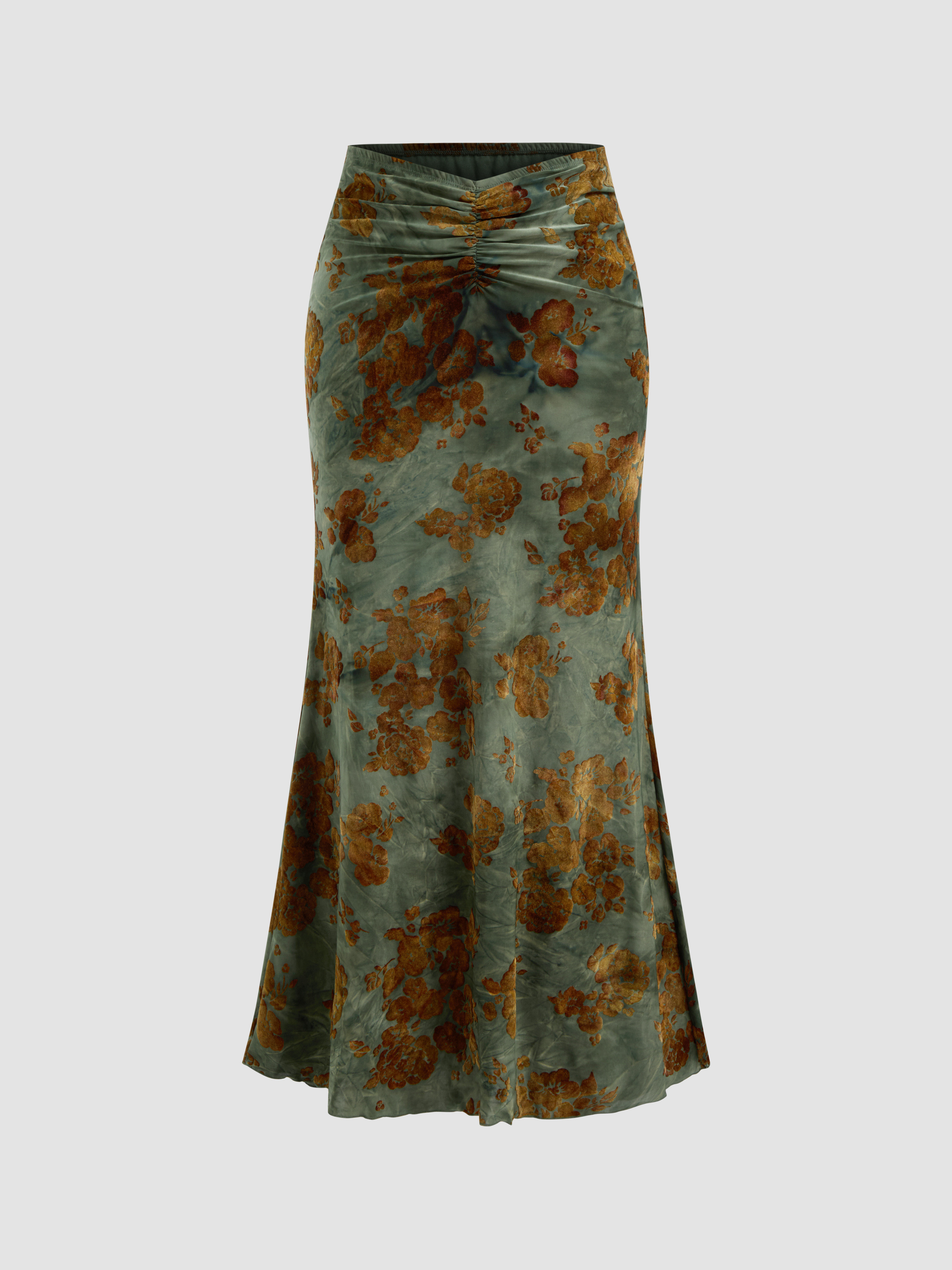 Knit Fabric Mid Rise Floral Ruched Maxi Mermaid Skirt For Vacation | Cider