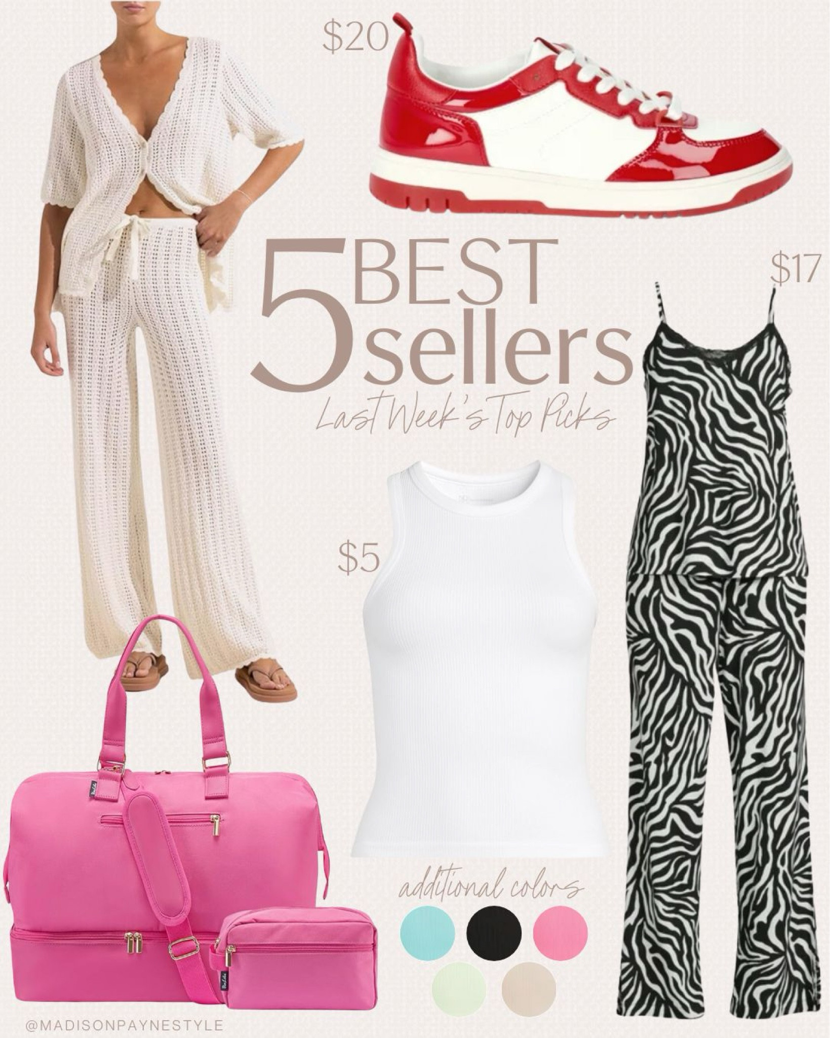$5 Walmart tank was a best seller last week 🥰 it comes in 5 additional colors (size up), the crochet 2-piece set is a swim cover up but can also be worn as a cardigan, the sneakers are only $20 and a Nike Dunks look for less, the $17 pajama set also comes in a few additional colors (fits tts), and the weekender bag is a Beis look for less and comes with an additional toiletry bag! 

Best sellers, crochet set, Amazon crochet, Walmart sneakers, court sneakers, Nike sneakers, Walmart tank, Walmart fashion, weekender bag, Beis, Amazon weekender, Walmart loungewear, Madison Payne 

#LTKStyleTip #LTKSeasonal #LTKFindsUnder100