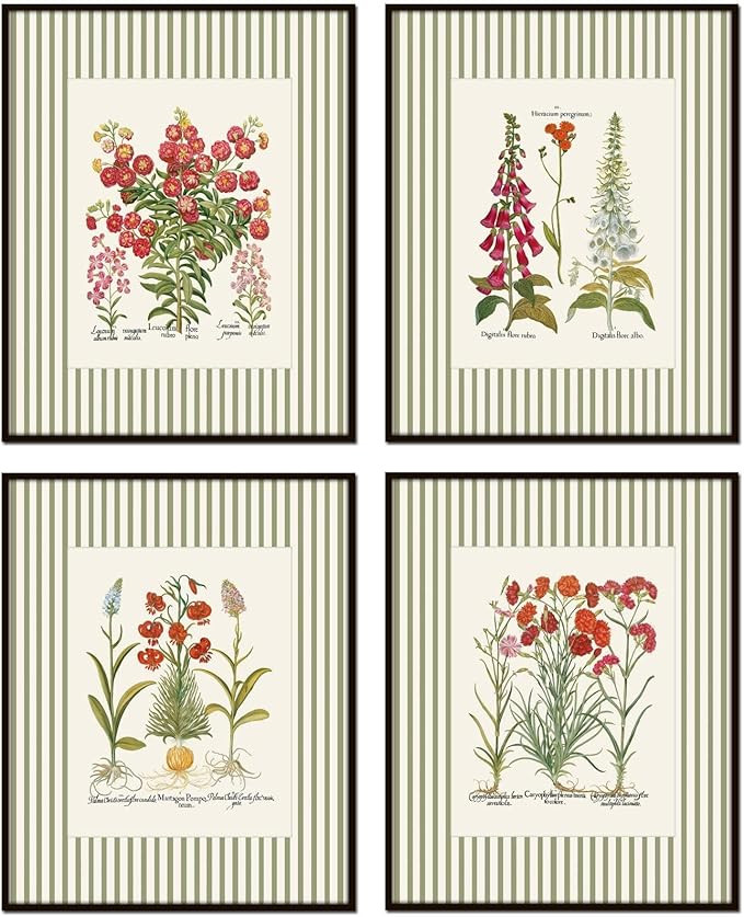 Botanical Prints With Green Stripe Border, Botanical Prints, Wall Art Prints, Vintage Wall Art, V... | Amazon (US)