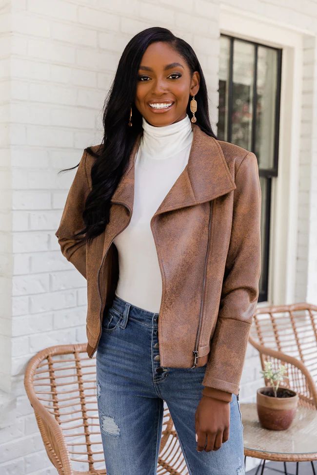 Desirable Heart Brown Faux Leather Moto Jacket | The Pink Lily Boutique