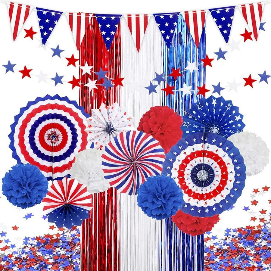4th of July Patriotic Party Decorations Set, Paper Fans, USA Flag Pennant, Star Streamer, Streame... | Walmart (US)