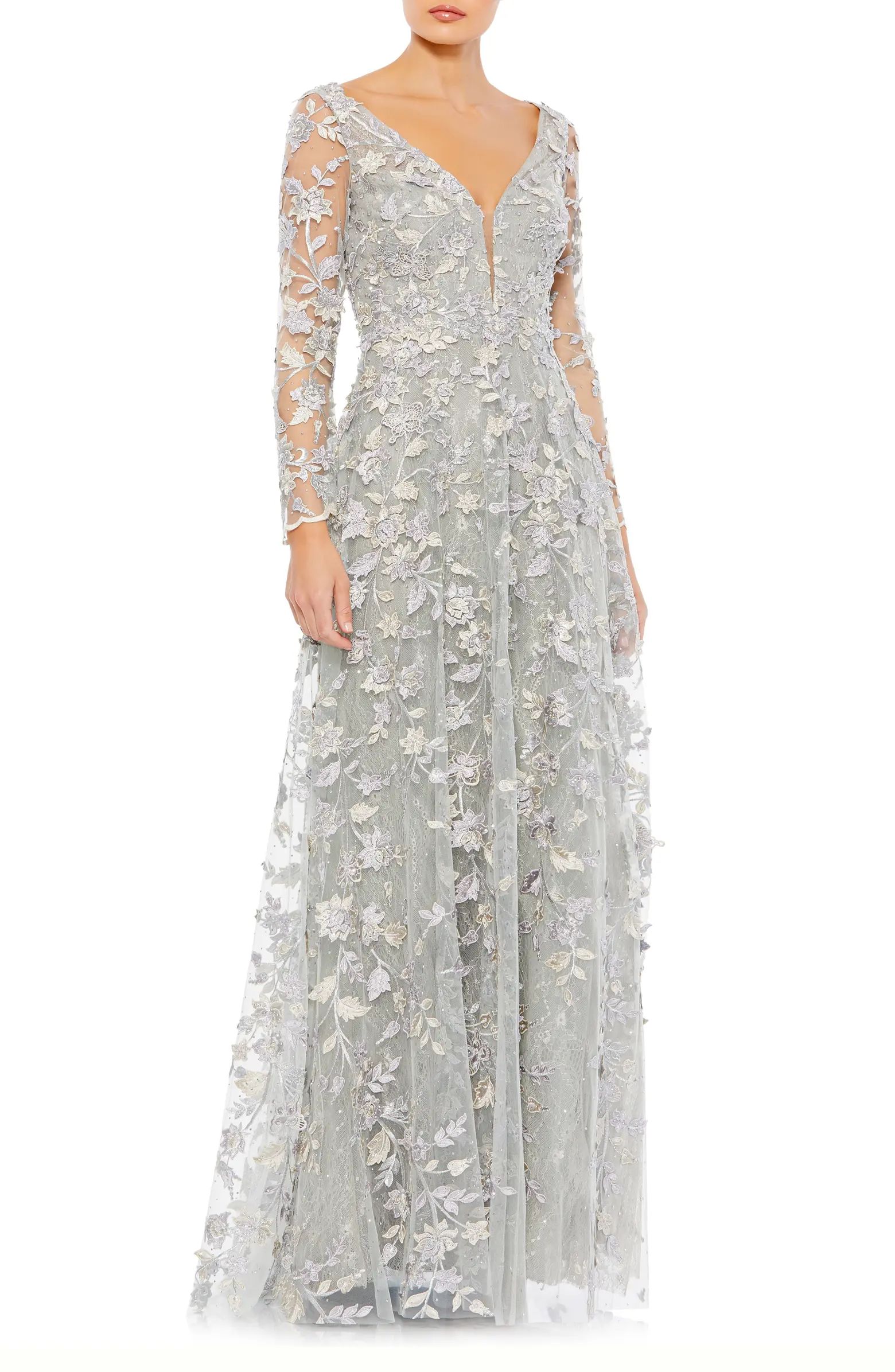 Floral Appliqué Long Sleeve Lace A-Line Gown | Nordstrom