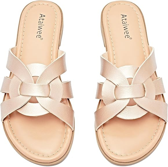 Ataiwee Women's Flat Slide Sandals - Ladies Casual Slip On Criss Cross Strap Summer Shoes. | Amazon (US)