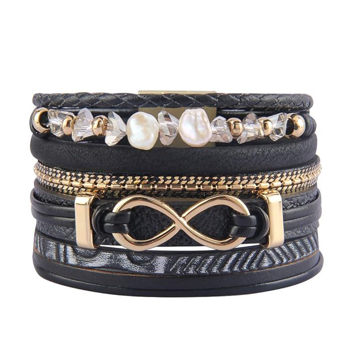 Jenia Women Leather Cuff Bracelet Multi Strand Wrap Around Bracelets Charm Heart Boho Bangle Hand... | Amazon (US)