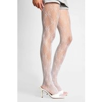 boohoo Women's Bow Printed Fishnet Tights in White | Denim/Elastane | boohoo (US & Canada)