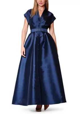 Women's Short Sleeve Solid Twill Belted Mikado Shirt Maxi Dress | Belk